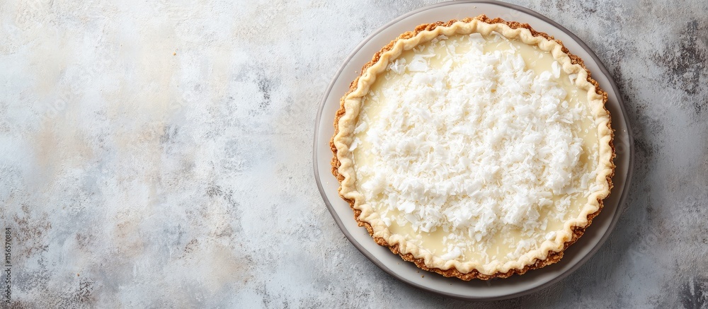 Haupia Pie with Flaky Crust and Coconut on Neutral Background for Culinary Text Overlay Haupia Pie with Flaky Crust and Coconut on Neutral Background for Culinary Text Overlay