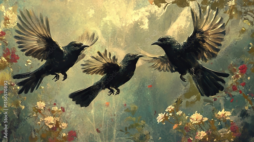 Obraz premium Three Blackbirds in Flight: A Serene Garden Painting