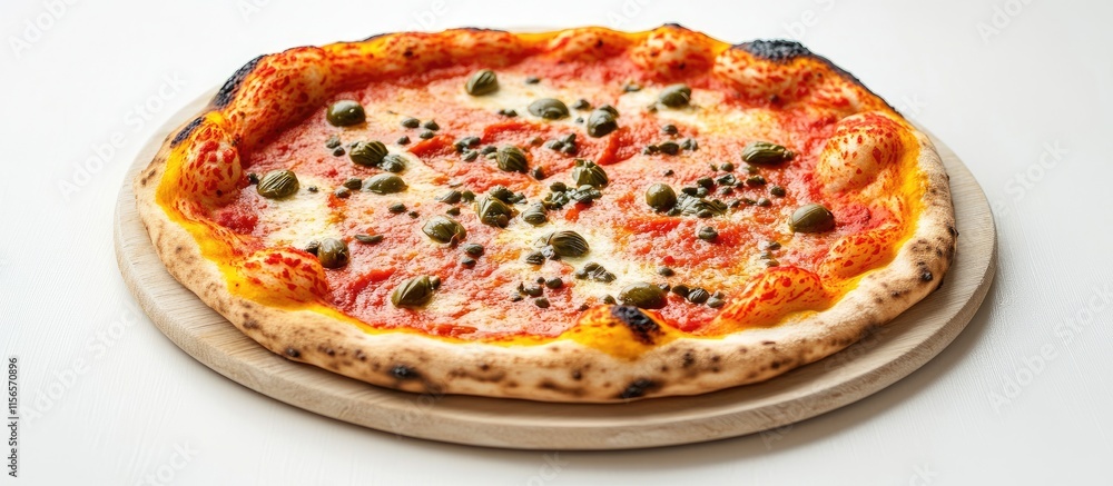 Delicious Neapolitan pizza with capers and olives on a wooden board with space for text and branding in food advertising Delicious Neapolitan pizza with capers and olives on a wooden board with space for text and branding in food advertising