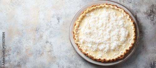 Haupia Pie with Flaky Crust and Coconut on Neutral Background for Culinary Text Overlay photo