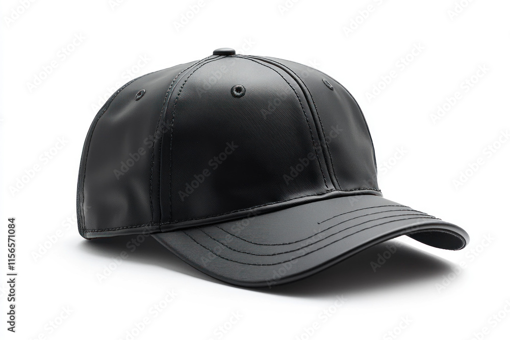 Black leather baseball cap with intricate stitching pattern. Black leather baseball cap with intricate stitching pattern.