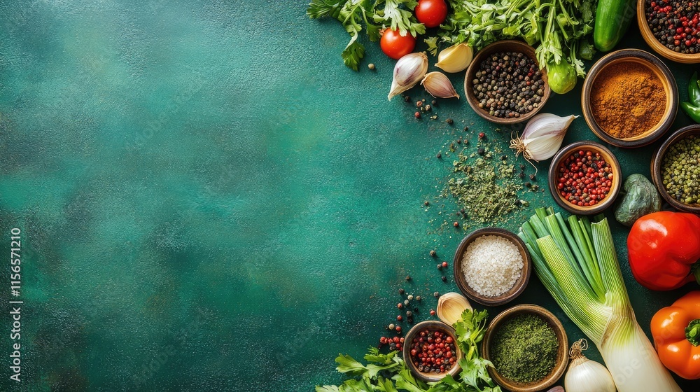Culinary Ingredients and Fresh Vegetables on Green Background with Empty Space for Text in Food and Cooking Concept Culinary Ingredients and Fresh Vegetables on Green Background with Empty Space for Text in Food and Cooking Concept