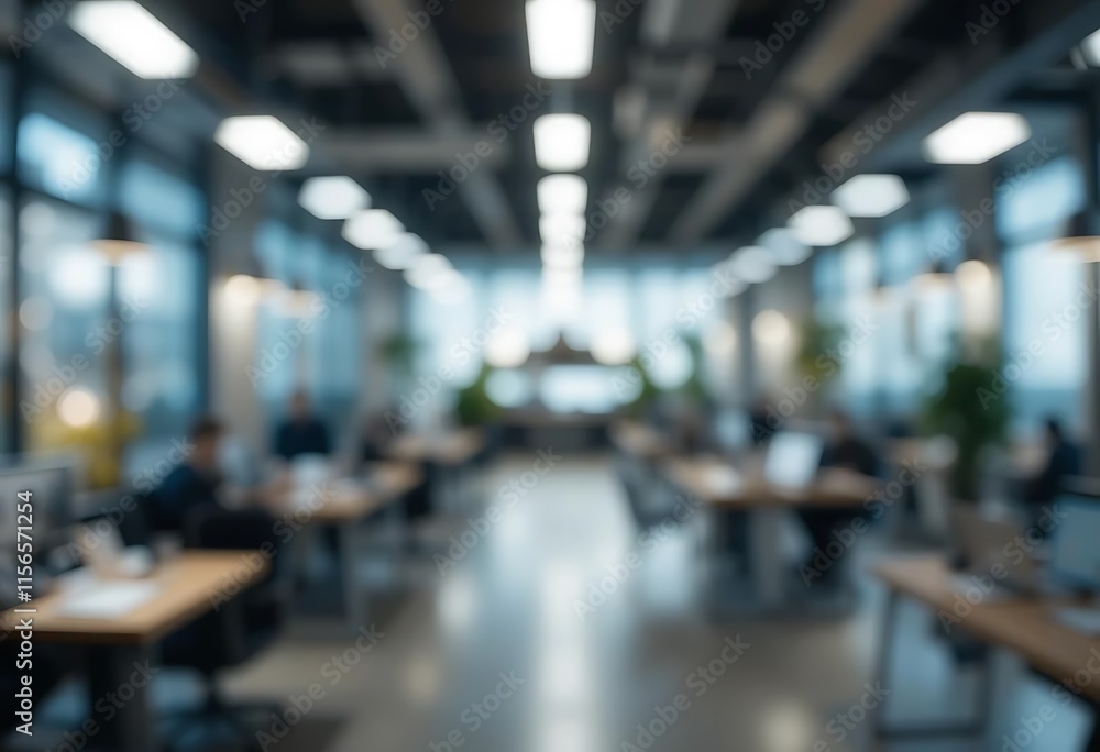 Blurred Modern Office Space With Workers At Desks Blurred Modern Office Space With Workers At Desks