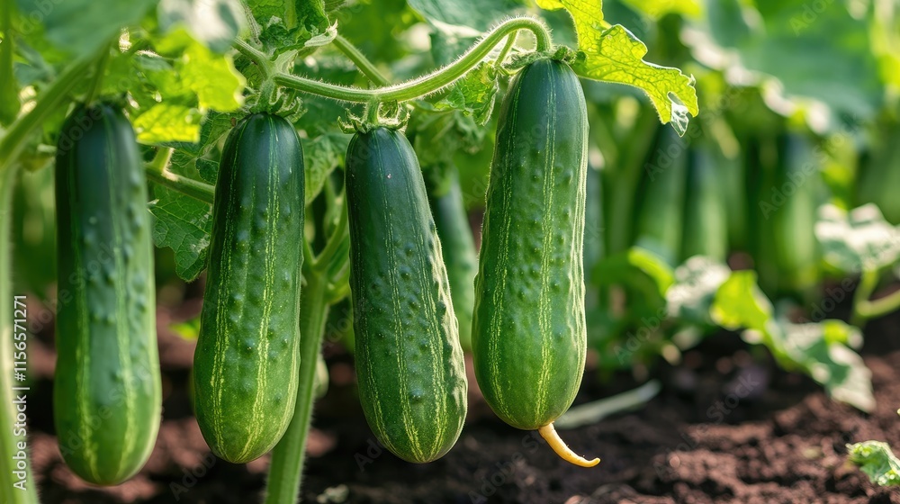 Cucumber plants with fresh vegetables growing in rows on an organic farm with empty space for text design or advertising purposes Cucumber plants with fresh vegetables growing in rows on an organic farm with empty space for text design or advertising purposes