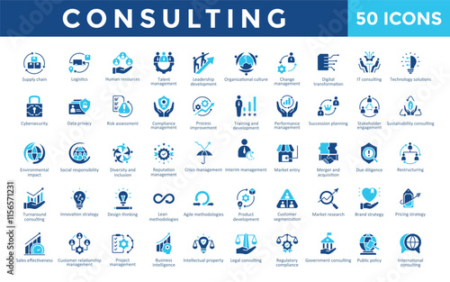 Consulting icons set with supply chain, logistics, human resources, talent management, leadership development, organizational culture, change management icon. Simple flat vector 
