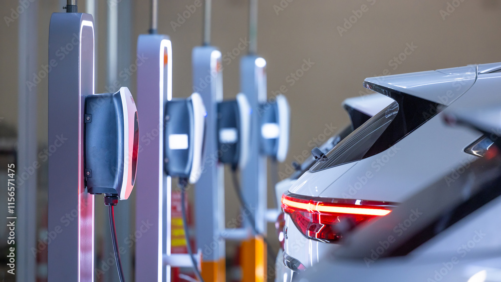 EV charger and electric car, Electric car charger station for charge ev battery, Plug for vehicle with electric engine, EV charger clean energy, Charging point at car parking lot department store.