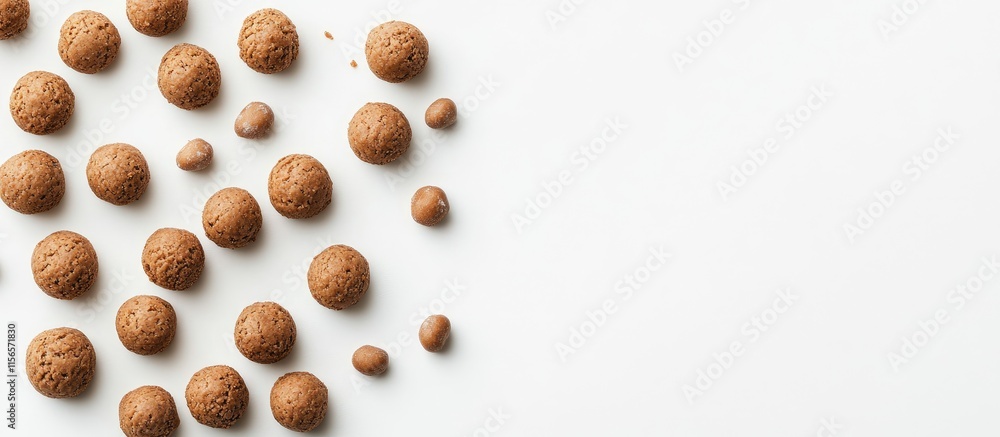 Delicious chocolate cookies and milk balls arranged on a clean white background perfect for creative food presentation and advertising materials Delicious chocolate cookies and milk balls arranged on a clean white background perfect for creative food presentation and advertising materials