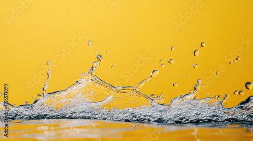 Vibrant sea wave splashing with water droplets on yellow background creating lively visual and ample space for text or branding placement photo