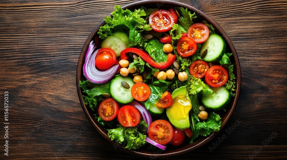 Vibrant salad bowl featuring mixed greens tomatoes cucumbers onions avocado chickpeas and pumpkin seeds healthy vegan meal concept Vibrant salad bowl featuring mixed greens tomatoes cucumbers onions avocado chickpeas and pumpkin seeds healthy vegan meal concept