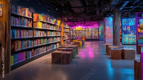 Wallpaper Mural Colorful library, bookshelves, wooden seating, vibrant lighting. Torontodigital.ca