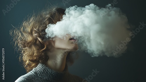 Wallpaper Mural Portrait of a woman with her head surrounded by smoke and clouds, thoughts and ideas, overthinking and busy mind Torontodigital.ca