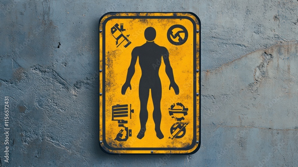 A realistic depiction of a body crushing hazard sign, featuring bold black vector elements with a human figure and machinery parts on a white label A realistic depiction of a body crushing hazard sign, featuring bold black vector elements with a human figure and machinery parts on a white label