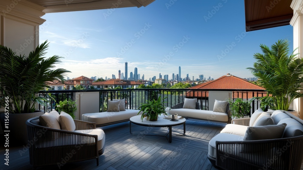 Fototapeta premium Luxury Balcony Cityscape Modern Terrace with Panoramic View