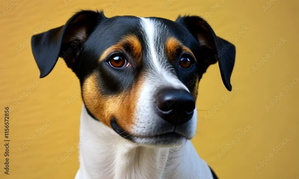 A close-up portrait of a dog with a black, white, and brown coat against a yellow background.