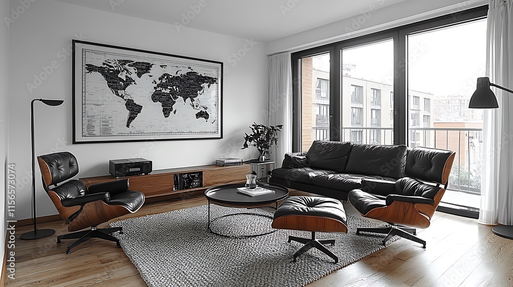 Fototapeta premium Modern Living Room Decor Featuring Mid Century Chairs and World Map