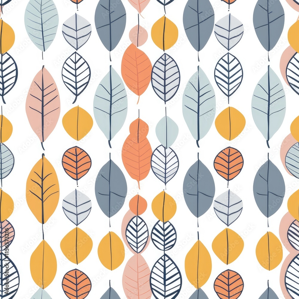 Fototapeta premium A colorful pattern of various leaves in different shapes and colors on a white background.