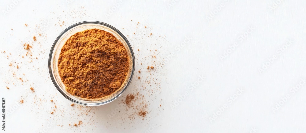 Ground Ginger in Glass Container on White Background with Empty Space for Natural Health Remedies Text and Culinary Uses Ground Ginger in Glass Container on White Background with Empty Space for Natural Health Remedies Text and Culinary Uses