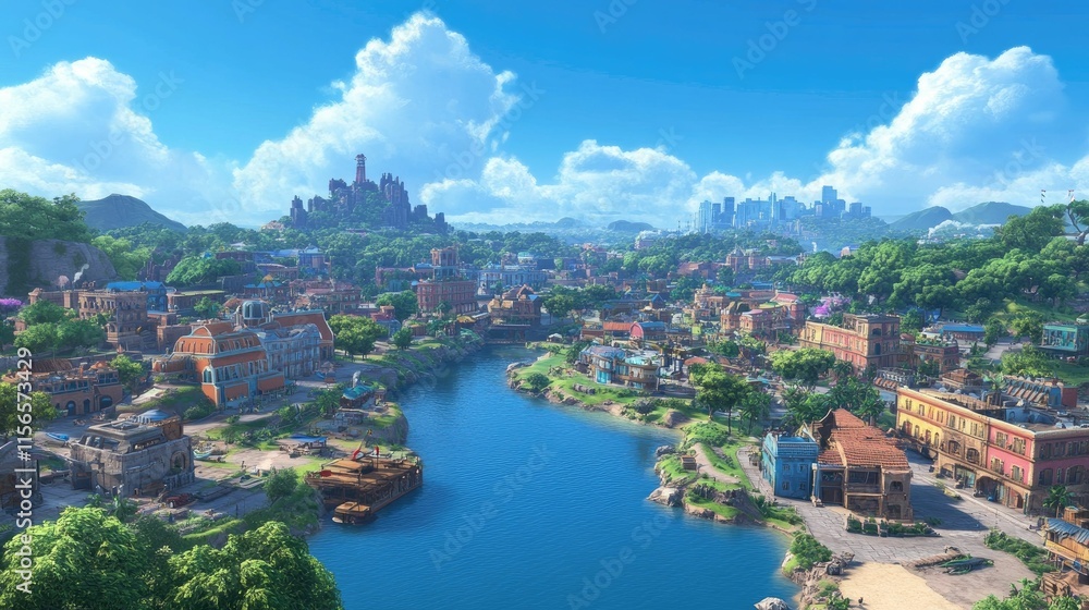 Coastal town, river, buildings, lush greenery, sunny sky. Coastal town, river, buildings, lush greenery, sunny sky.