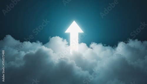 White arrow pointing up through the clouds toward the dark blue sky
