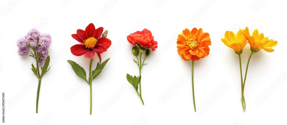 Colorful flower arrangement in a row on white background top view with empty space for text in flat lay style Colorful flower arrangement in a row on white background top view with empty space for text in flat lay style