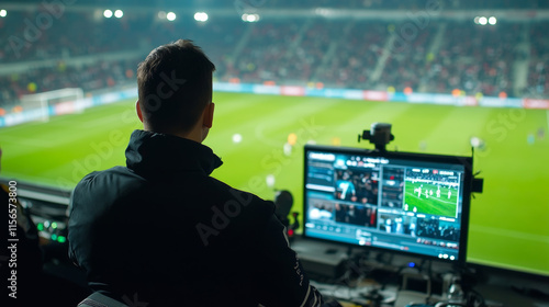 VAR hologram. Digital and technological background, the system video assistance to referees. Futuristic football design