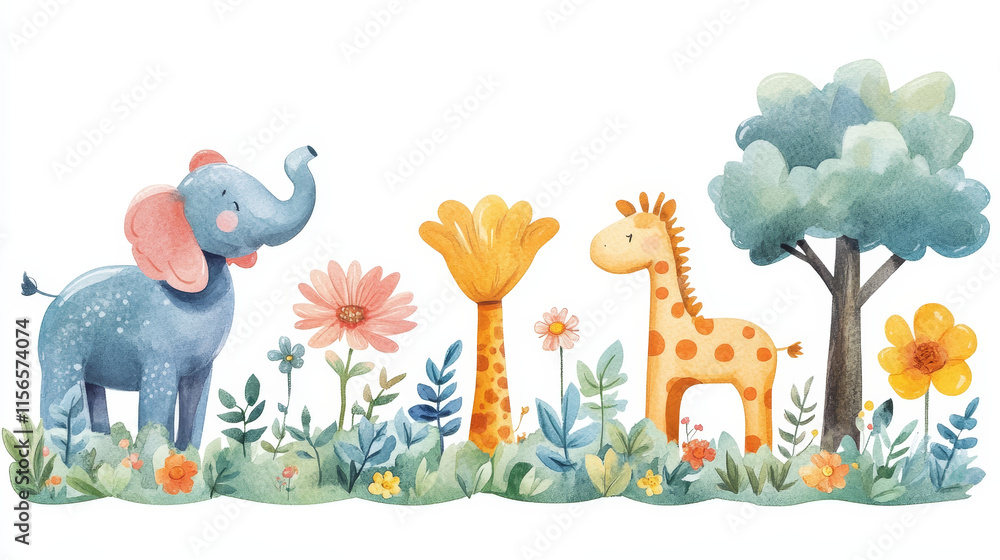 Obraz premium Playful watercolor illustration of animals and flowers