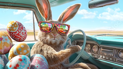 Cool chubby fluffy easter bunny in a car with floating colorful easter eggs around, easter eve