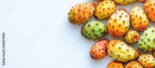 Vibrant assortment of fresh cactus fruits showcasing colorful textures on a clean white background with ample space for text or design elements photo