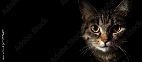 Expressive cat portrait with captivating gaze and dark background ideal for text overlay or branding purposes photo