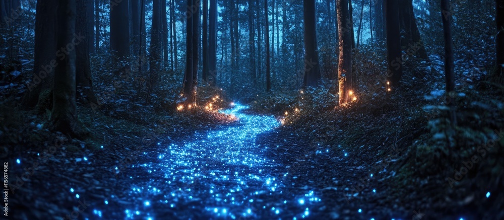 Fototapeta premium Magical Luminescent Forest Pathway Surrounded by Trees with Copy Space for Text and Dreamy Atmosphere