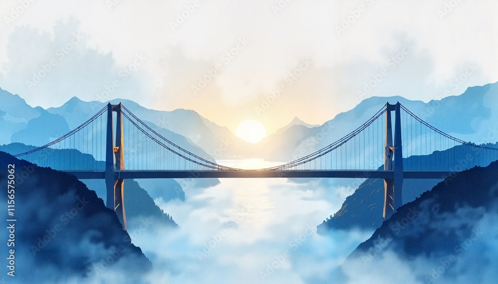 Fototapeta premium Misty Mountain Bridge Spanning a Serene Valley with Lush Greenery and Light Blue Sky