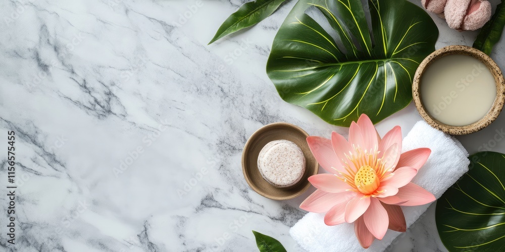 Serene Spa Setup with Elegant Lotus Flower, Natural Elements, and Copy Space for Wellness and Relaxation Promotions Serene Spa Setup with Elegant Lotus Flower, Natural Elements, and Copy Space for Wellness and Relaxation Promotions
