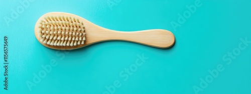 Wooden Dog Brush on Turquoise Background with Blank Space for Text or Advertising Use in Pet Care Marketing photo