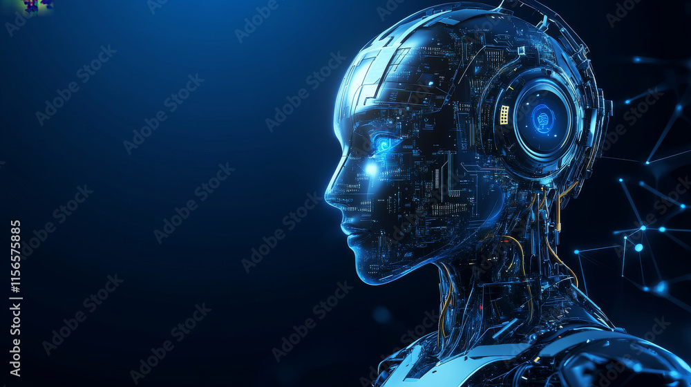AI humanoid robot in light neon blue on a technology background. Chatbot or AI concept. Artificial intelligence cyborg face with circuit, quantum processor or chip inside a head. Vector illustration AI humanoid robot in light neon blue on a technology background. Chatbot or AI concept. Artificial intelligence cyborg face with circuit, quantum processor or chip inside a head. Vector illustration