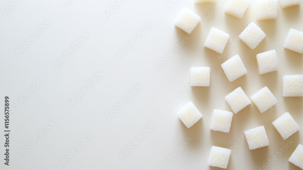 Fototapeta premium Demerara sugar cubes scattered on a neutral background with ample empty space for creative text placement and design elements.
