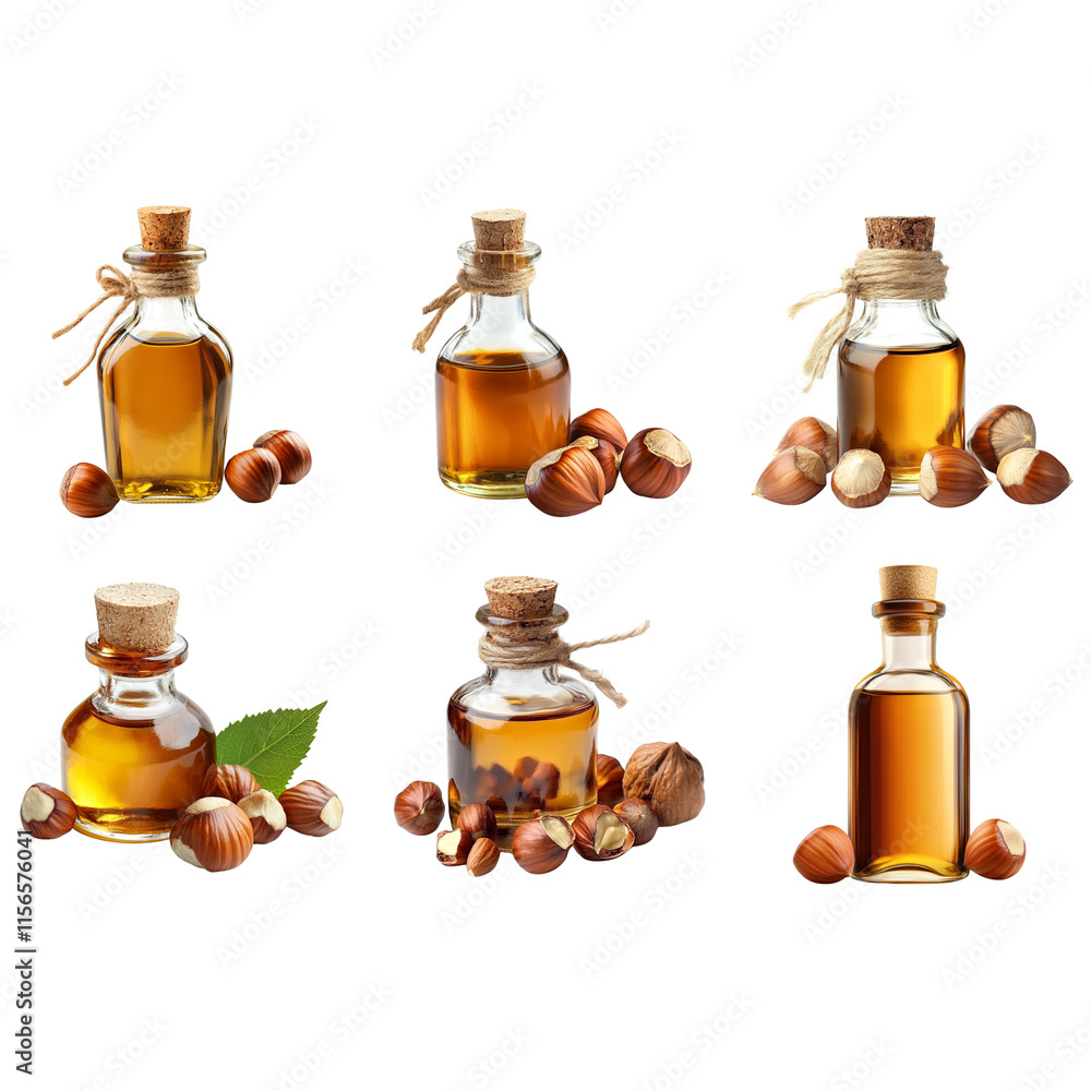 Hazelnut oil in a glass bottle with hazelnuts on a white background
Hazelnut oil in a glass bottle with hazelnuts on a white background