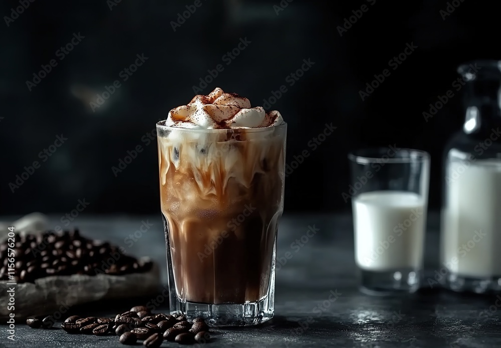 Iced coffee in a tall glass with ice cubes and a dark background Iced coffee in a tall glass with ice cubes and a dark background