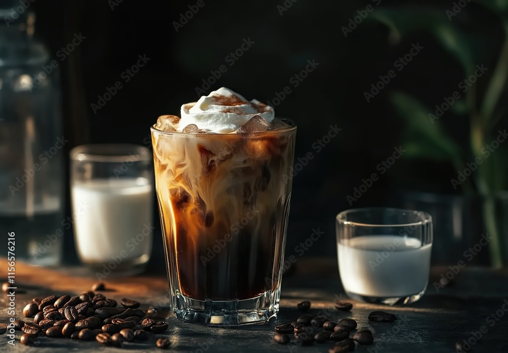 Iced coffee in a tall glass with ice cubes and a dark background Iced coffee in a tall glass with ice cubes and a dark background