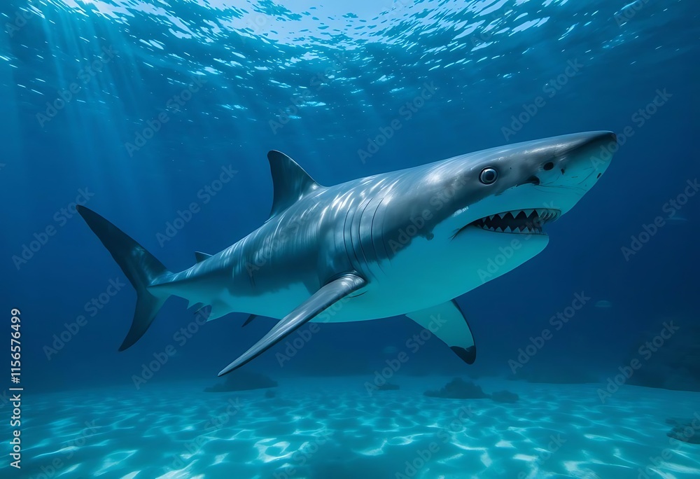 Great white shark swimming underwater in ocean depths Great white shark swimming underwater in ocean depths