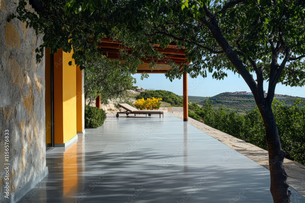 Relaxing terrace with stunning views of hills and greenery at a modern retreat Relaxing terrace with stunning views of hills and greenery at a modern retreat