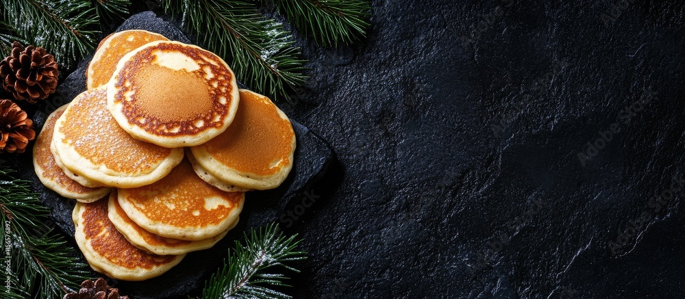 Homemade mini pancakes arranged on a cast iron cooking stone surrounded by pine leaves with space for text and seasonal decoration Homemade mini pancakes arranged on a cast iron cooking stone surrounded by pine leaves with space for text and seasonal decoration