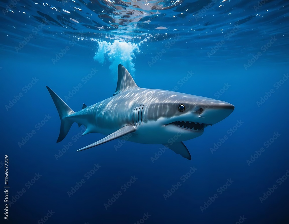 Fototapeta premium Great White Shark Swimming Underwater Ocean Depth