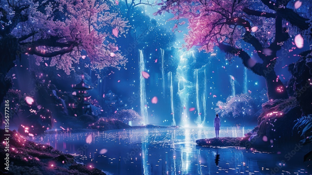 Obraz premium A serene night scene featuring a mystical waterfall cascading into a tranquil pond amidst a breathtaking cherry blossom forest. A lone figure stands in contemplation by the water's edge.