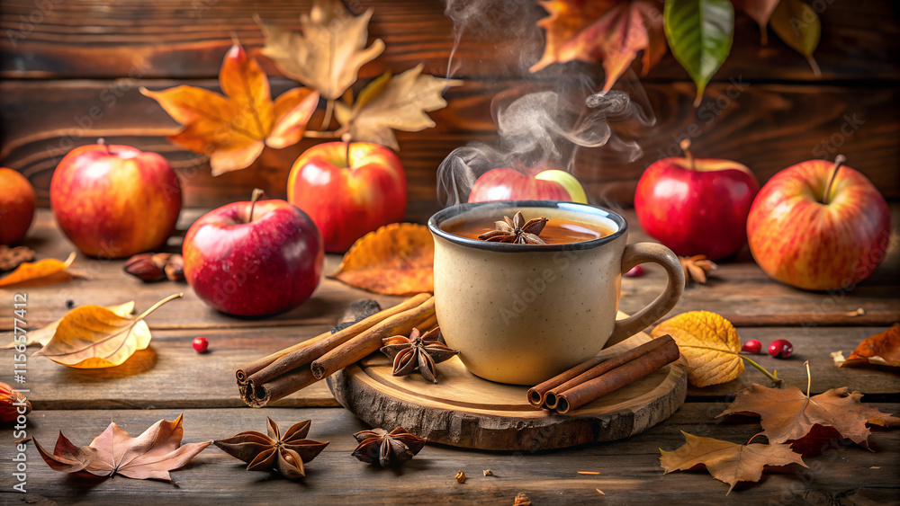 Steaming Hot Apple Cider in Rustic Mug, Cozy Autumn Drink with Cinnamon and Anise Steaming Hot Apple Cider in Rustic Mug, Cozy Autumn Drink with Cinnamon and Anise