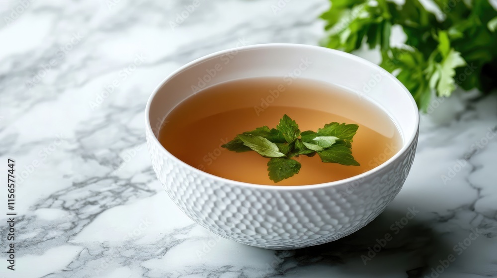 Herbal Chicken Soup in Elegant White Bowl Fresh Herbs in Clear Broth on Marble Surface with Space for Text or Branding Herbal Chicken Soup in Elegant White Bowl Fresh Herbs in Clear Broth on Marble Surface with Space for Text or Branding