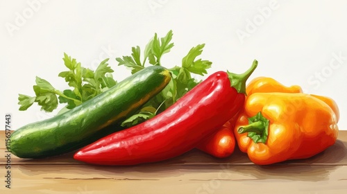 Vibrant Still Life: Fresh Vegetables on Wooden Surface photo