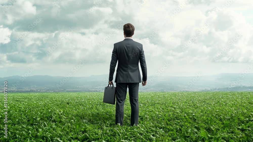 Businessman Vision: A lone businessman stands in a vibrant green field, gazing towards a dramatic sky. He carries a briefcase, suggesting ambition and potential. The image evokes feelings of hope. Businessman Vision: A lone businessman stands in a vibrant green field, gazing towards a dramatic sky. He carries a briefcase, suggesting ambition and potential. The image evokes feelings of hope.