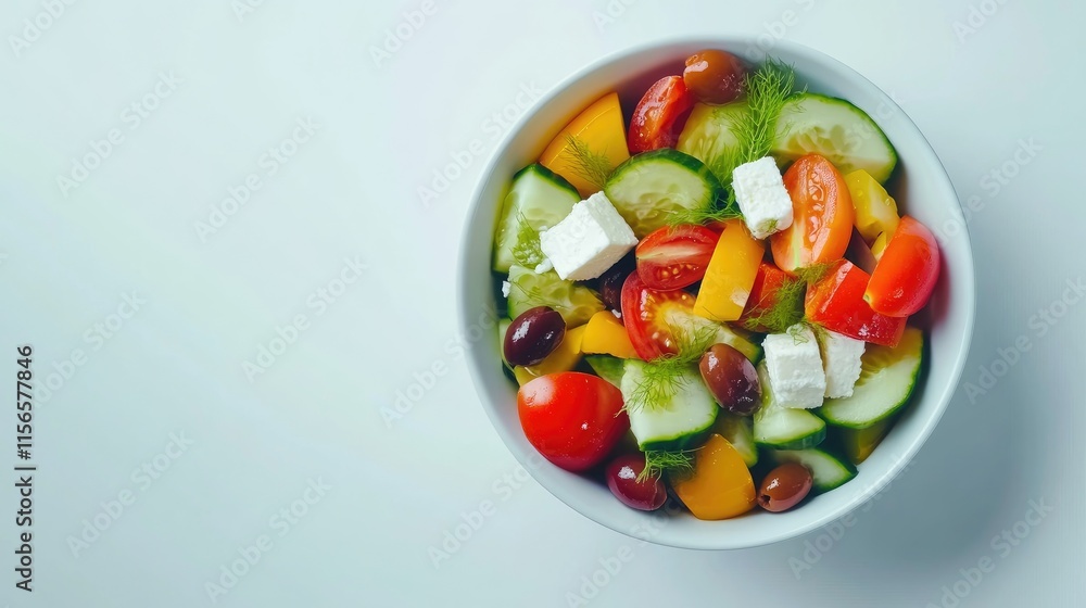 Fresh Cucumber and Tomato Salad with Fennel Feta Olives and Colorful Vegetables in Bowl Healthy Eating Concept with Blank Space for Text Fresh Cucumber and Tomato Salad with Fennel Feta Olives and Colorful Vegetables in Bowl Healthy Eating Concept with Blank Space for Text