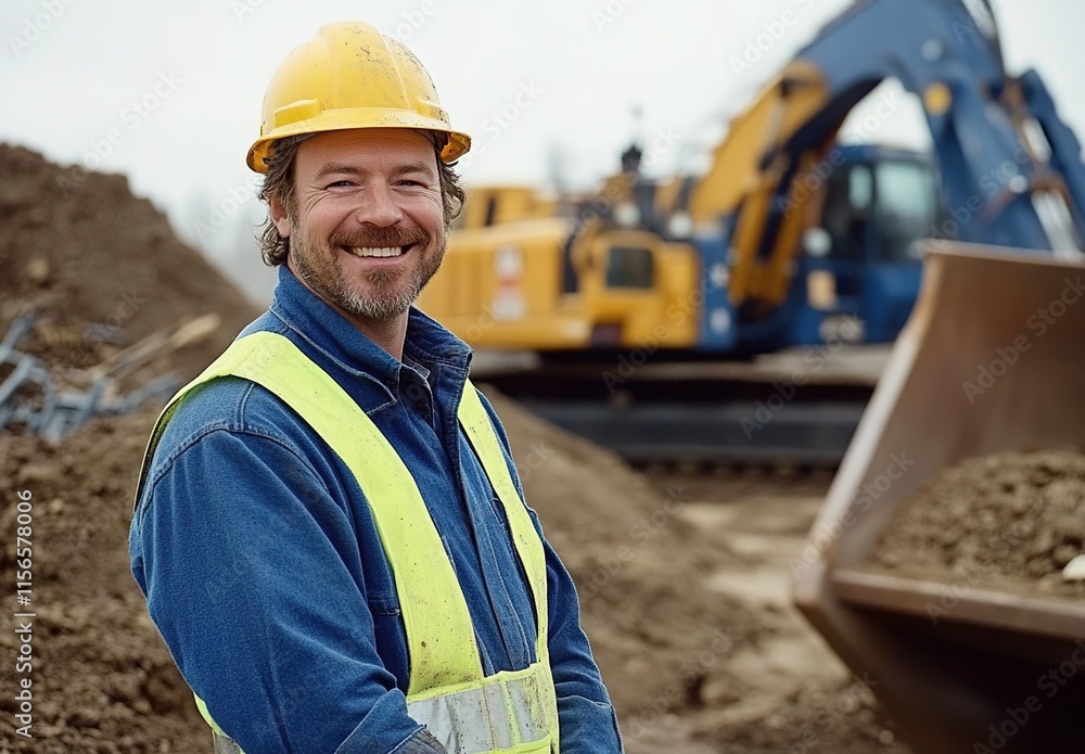 Photo of a smiling construction worker wearing high-visibility gear, working on an industrial site. Photo of a smiling construction worker wearing high-visibility gear, working on an industrial site.