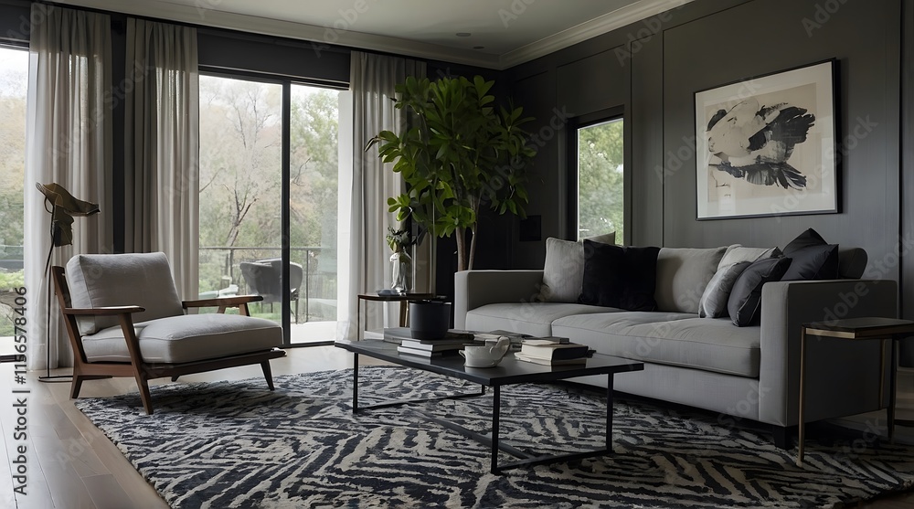Fototapeta premium A modern living room with a large window. The window has white curtains that are open, allowing natural light to enter the room